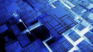 Prints of Vibrant abstract background showcases interconnected cubes, representing technology and data in a digital landscape Abstract Art Prints: Digital Landscape Print: Interconnected Cubes in Vibrant Abstract Background