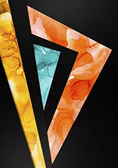 Black Background Art Prints: A vibrant abstract design featuring triangular shapes with fluid ink patterns in orange