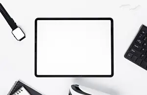 Office Work Setup Prints: Top view arrangement with tablet