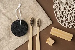 Environmentally Friendly Products Prints: Top view of bamboo toothbrushes