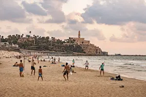 Urban Beach Scene Prints: View over the beach, people bathing
