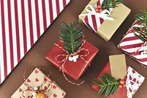 Christmas Gift Boxes Prints: Top view of beautiful red