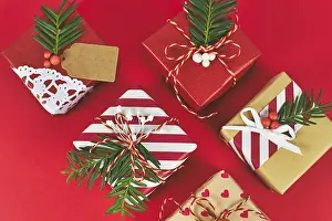 High Angle View Of Gifts Prints: Top view of beautiful red