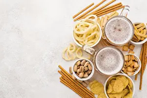 Food Photography Europe Prints: Top view beer snacks frame