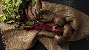 Root Vegetable Photography Prints: Top view beets sack