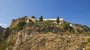 Greece Rocky Coastline Prints: View from below, rock monastery