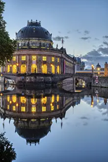 UNESCO World Heritage Site Berlin Prints: View of the Bode Museum in Berlin at dusk with reflection in the River Spree
