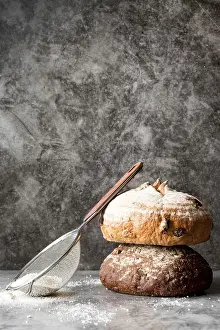 Empty Bakery Scene Prints: Top view bread tower with flour sieve