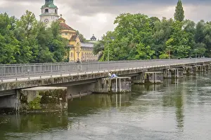 Overcast Sky In Bavaria Prints: View of a bridge over a quiet river