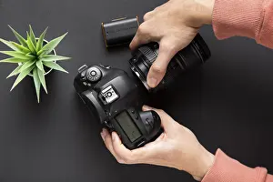 Black Background Photography Prints: Top view camera concept with black background