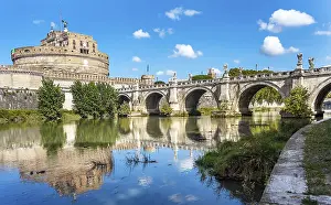 Prints of View of the Castel Sant'Angelo and the Angel Bridge on the Tiber in Rome Lazio Italy View of the Castel Sant'Angelo and the Angel Bridge on the Tiber in Rome Lazio Italy River Prints: View of the Castel Sant'Angelo Print, Rome Lazio Italy