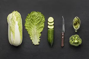 Green Leafy Vegetables Prints: Top view celery with broccoli cucumber