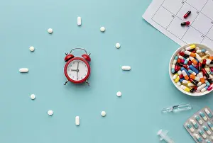 Deserted Pharmacy Scene Prints: Top view clock shape pills