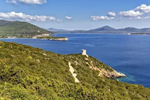Prints of View of coastline with Bollo tower, Capo Caccia headland, Porto Conte National Park, Alghero, Sardinia, Mediterranean Sea, Italy Alghero Prints: View of coastline with Bollo tower Print, Sardinia, Italy