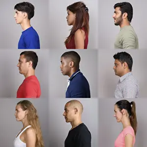 Side View Portrait Prints: Side view collage of people faces against studio background