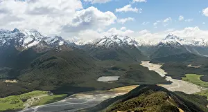 Snow Capped Mountains NZ Prints: View on Dart River and mountain scenery