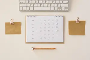 Top View Office Work Prints: Top view desk calendar memory notes