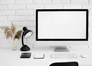 Contemporary Workspace Design Prints: Front view desk with computer lamp