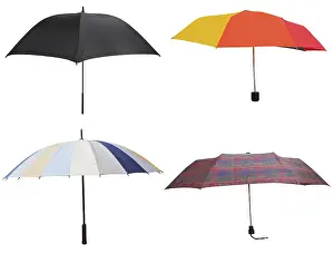 Bright Studio Photography Prints: Side view of four different open umbrellas against white background