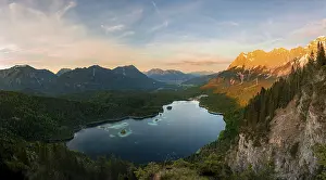 Zugspitze Massif Prints: View over the Eibsee lake at sunset