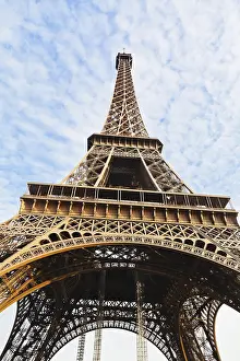 Deserted Paris Landmark Prints: Bottom view of Eiffel tower in Paris