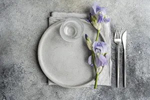 Concrete Table Setting Prints: Top view of an elegant table setting featuring a concrete textured plate