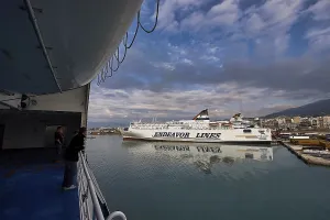 Ferryboat Traffic Europe Prints: View from a ferry of the harbor with ships and dramatic clouds