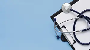 White Background Medical Symbol Prints: Top view frame with stethoscope