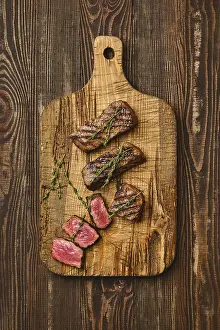 Grilled Beef Steak Prints: Top view of grilled beef steak