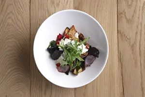 Healthy Salad Recipe Prints: Top view of hot salad with deep fried beetroot