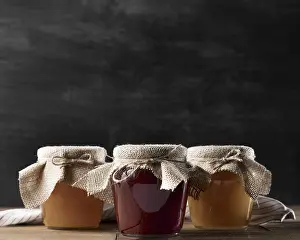 Sweet Breakfast Food Prints: Front view jam jars with copy space