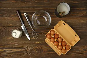 Kitchen Table Scene Prints: Top view of kitchen table with ingredients for scrambled egg