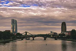 Deserted Waterfront Germany Prints: View over the Main, behind the ECB Tower