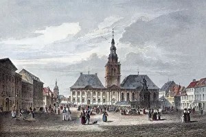 Historic German City View Prints: View of Mannheim, Marktplatz square