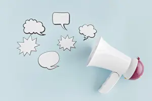 Communication Symbol Prints: Top view megaphone with chat bubbles
