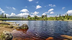 Deserted Lake In Germany Prints: A view of the Oderteich in the Harz Mountains under a blue sky