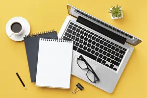 Top View Office Work Prints: Top view office desk composition with notepad