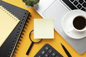 Deserted Office Space Prints: Top view office desk composition with empty post it