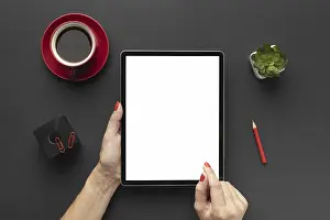 Empty Office Workspace Photo Prints: Top view office desk composition with tablet