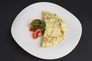 Organic Pork Meat Prints: Top view of omelet with ham and vegetables