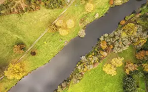 European Autumn Colors Prints: Top Down view of Park, Pond and Trees in the colors of fall over Devon