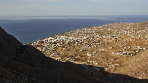 Santorini Island Greece Prints: View down to Perissa, mountain shadow