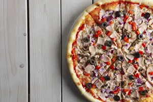 Close Up Pizza Prints: Top view of part of pizza with ham