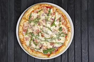 High Angle View Of Meal Prints: Top view of pizza with ham, bacon