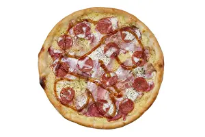 Isolated White Background Images Prints: Top view of pizza with prosciutto