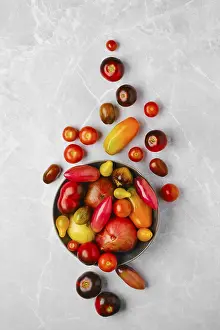Top View Of Tomatoes Prints: Top view of plate with different types of tomatoes