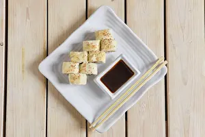 Salmon Rolls Prints: Top view of portion of rolls with salmon