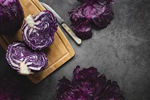 Kitchen Utensil Still Life Prints: Top view red cabbage cutting board