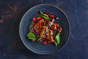 Prints of Top view of roasted pike served with beetroot, carrot, broccoli and balsamic sauce Pike Prints: Top View of Roasted Pike Print with Beetroot and Vegetables
