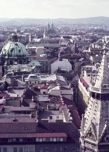 Historic Cathedral View Prints: View over rooftops from Stefansdom of Vienna, Austria, early 1960s, Europe